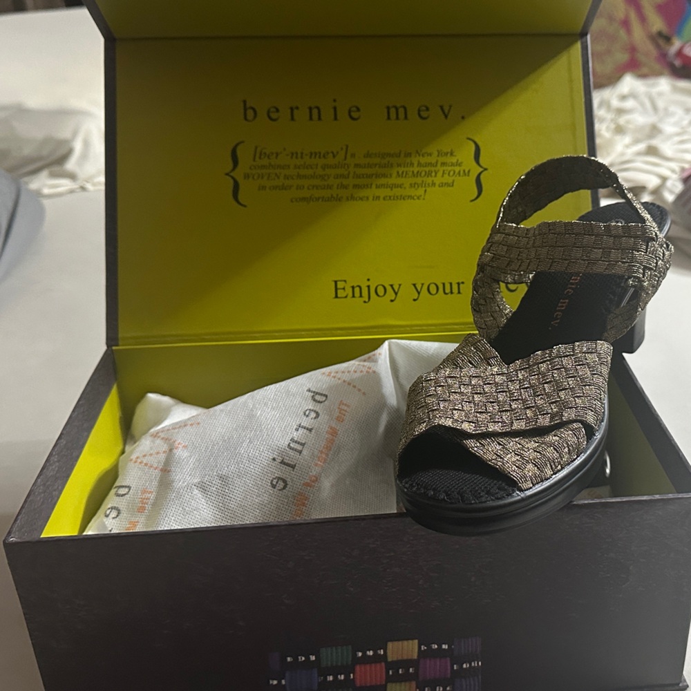 bernie mev. Metallic Bronze Woven Wedge Sandals